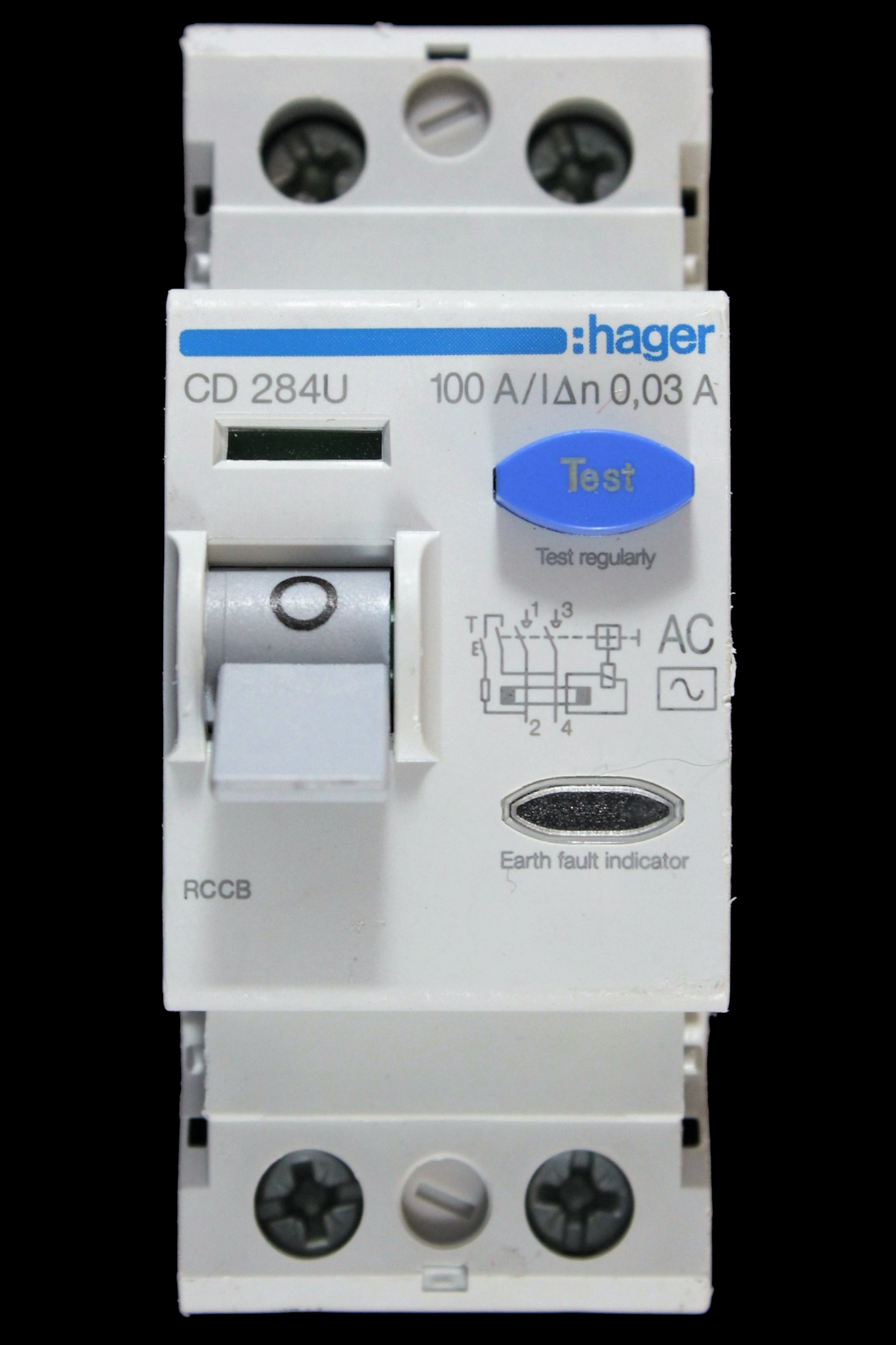 HAGER 100 AMP 30mA DOUBLE POLE RCCB RCD TYPE AC CD 284U 164355