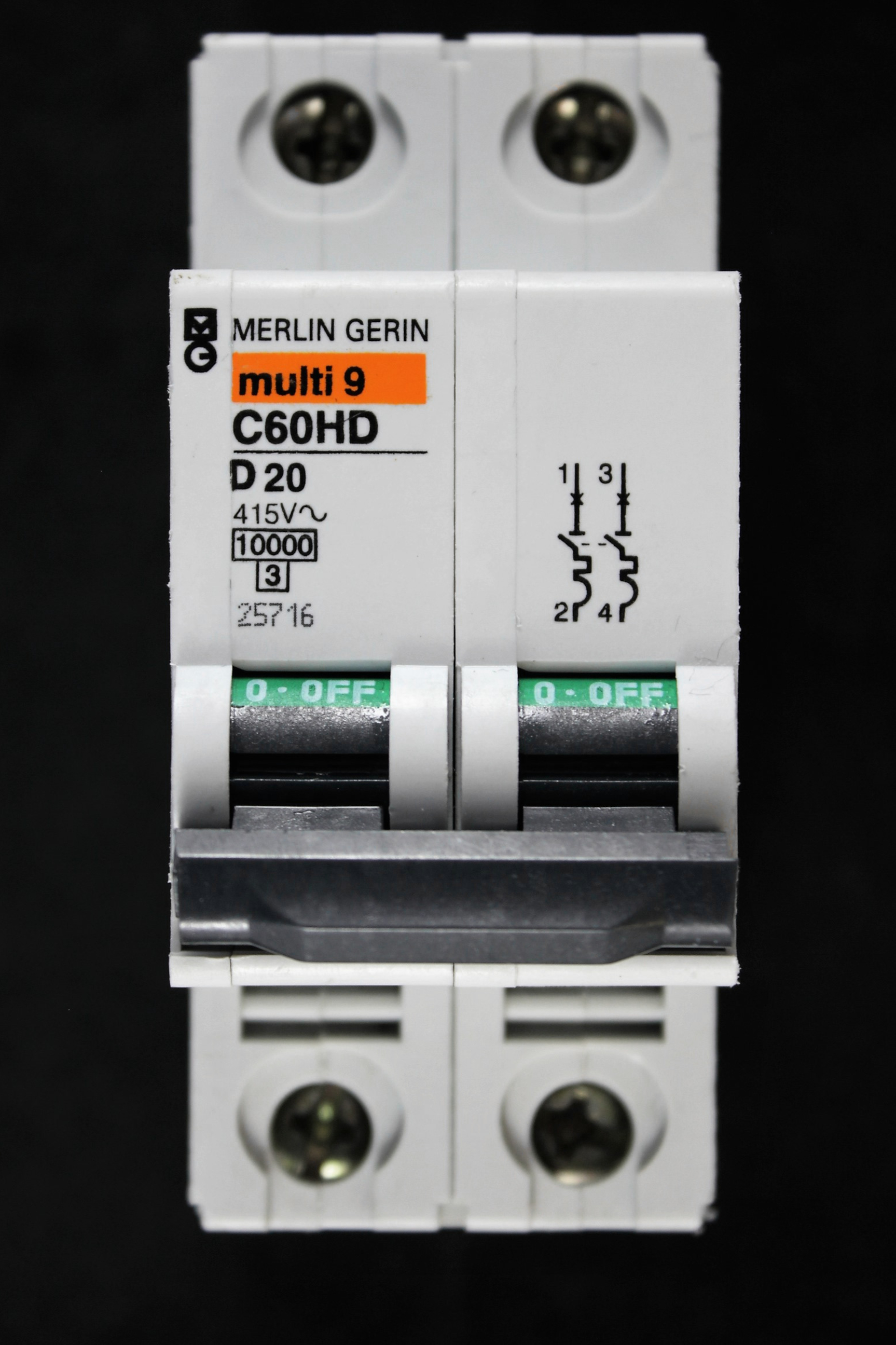MERLIN GERIN 20 AMP CURVE D 10kA DOUBLE POLE MCB CIRCUIT BREAKER C60HD 25716