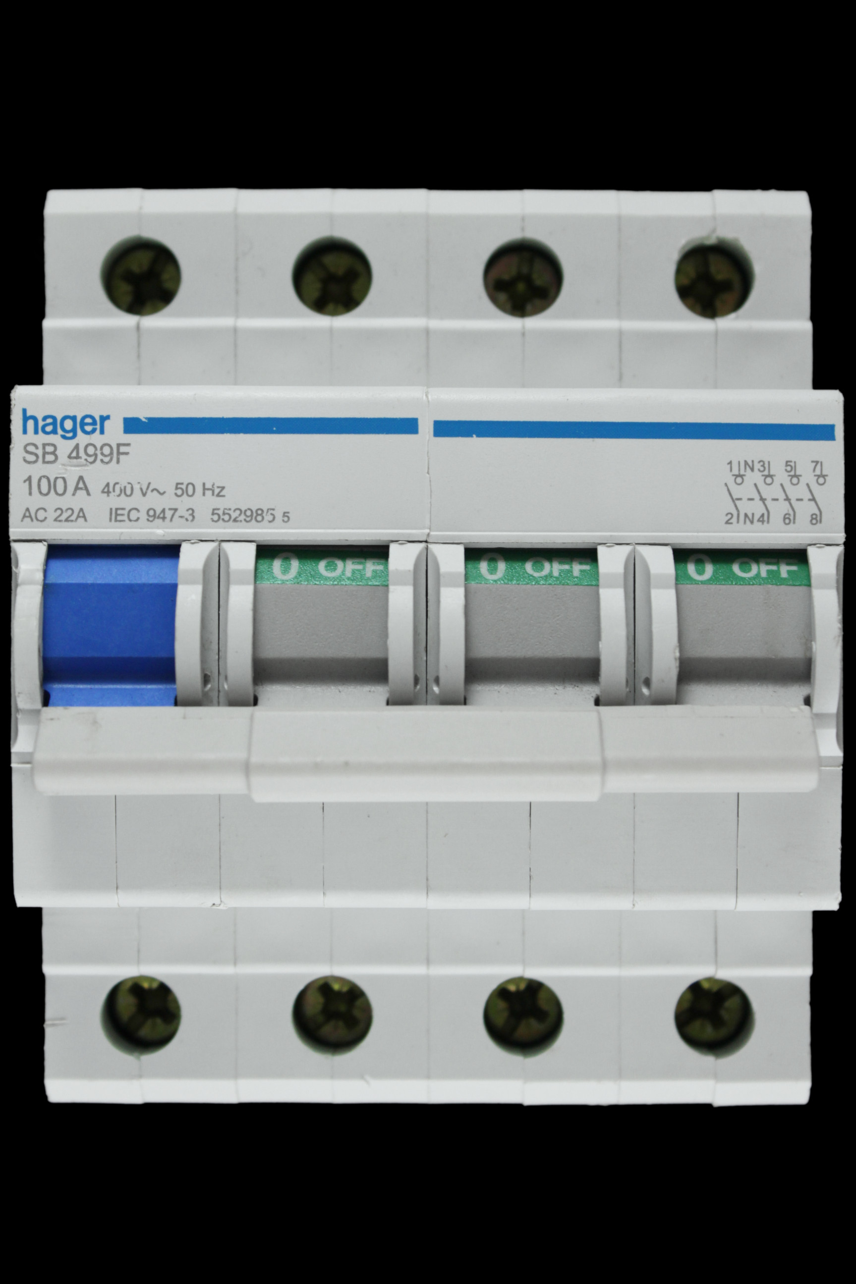 HAGER 100 AMP FOUR POLE MAIN SWITCH DISCONNECTOR SB499F 552985